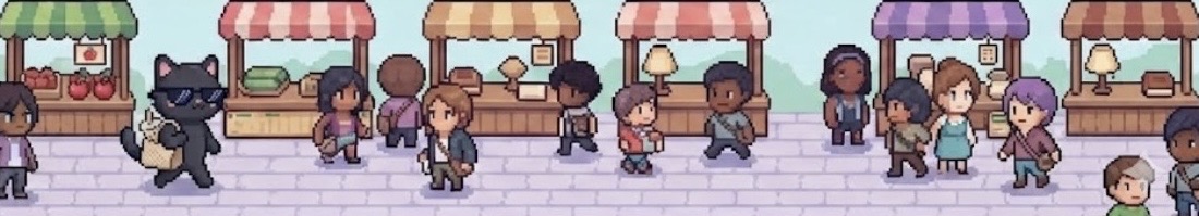 pixel street scene: grocery store and boba shop
